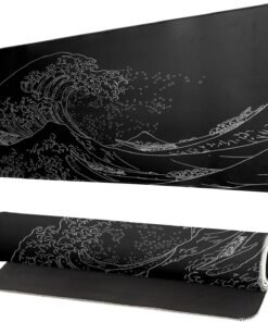 Japanese Sea Wave Large Mouse Pad, Anime Black Gaming, Extended Kanagawa Mat Desk Pad, 3mm Thick Long Non-Slip Rubber Base Mice Pad, 31.5 X 11.8 Inch